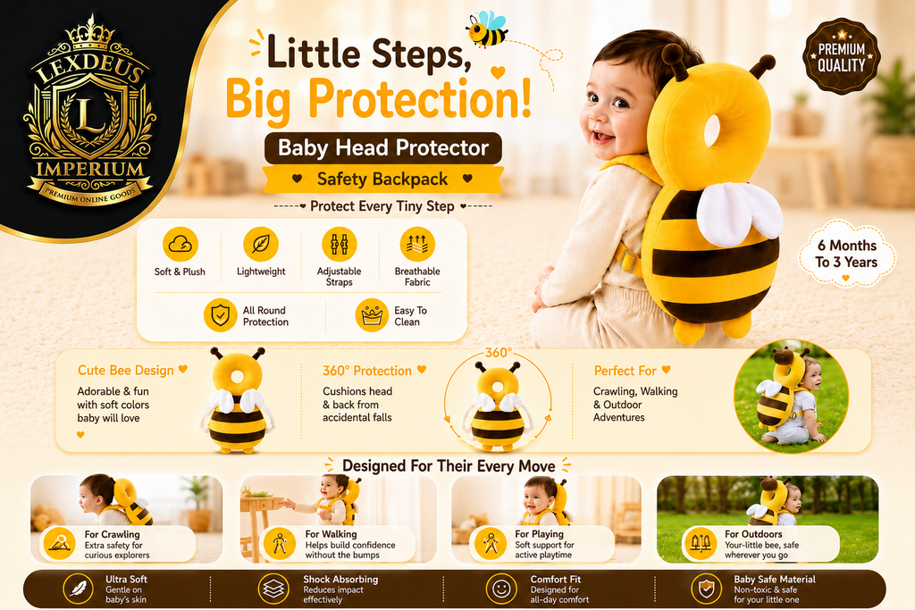 Baby Cute Honey Bee Soft Cushioning Fall Protector Backpack Pack of 1 Yellow & Black Colour, Adjustable Shoulder Belt, Head Protection Back for 6- 18 Month Toddler Babies