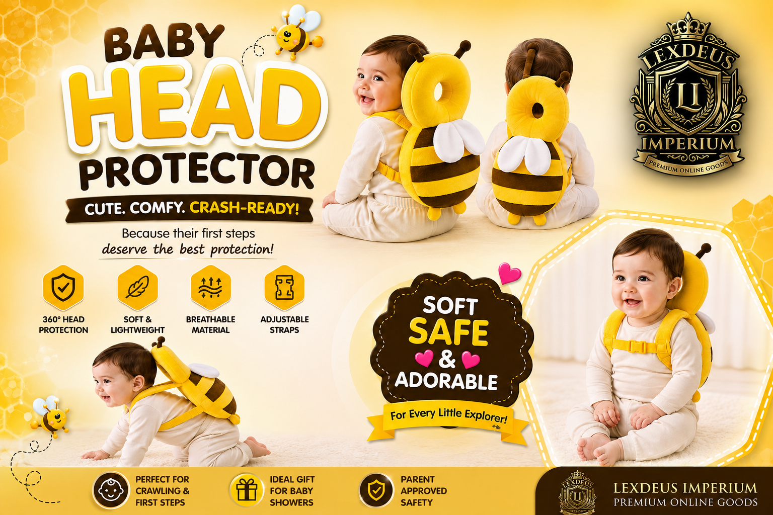 Baby Cute Honey Bee Soft Cushioning Fall Protector Backpack Pack of 1 Yellow & Black Colour, Adjustable Shoulder Belt, Head Protection Back for 6- 18 Month Toddler Babies